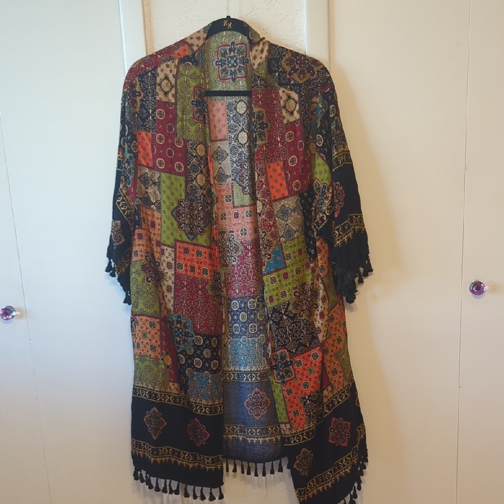 Colorful Patchwork Cape with Fringe
